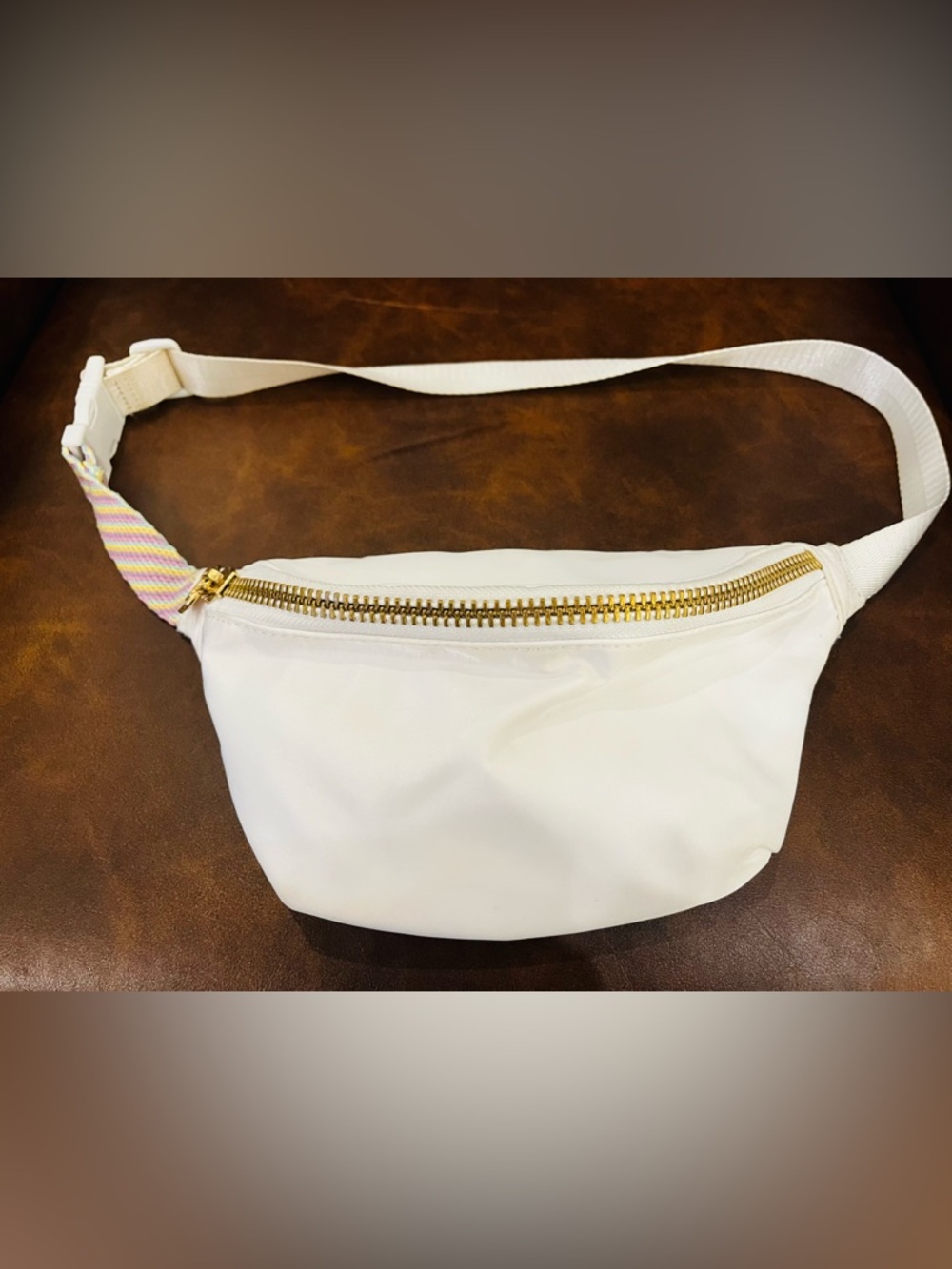 Stoney Clover Lane White Crossbody Belt Bag with Gold Zipper